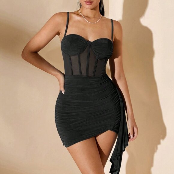 Black Party Womens Bodycon Sleeveless Mini Dress With Ruching & Cutout Details - Picture 5 of 9